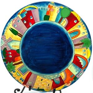 Jerusalem Hand Painted Carved Wood Seder Plate by Yair Emanuel